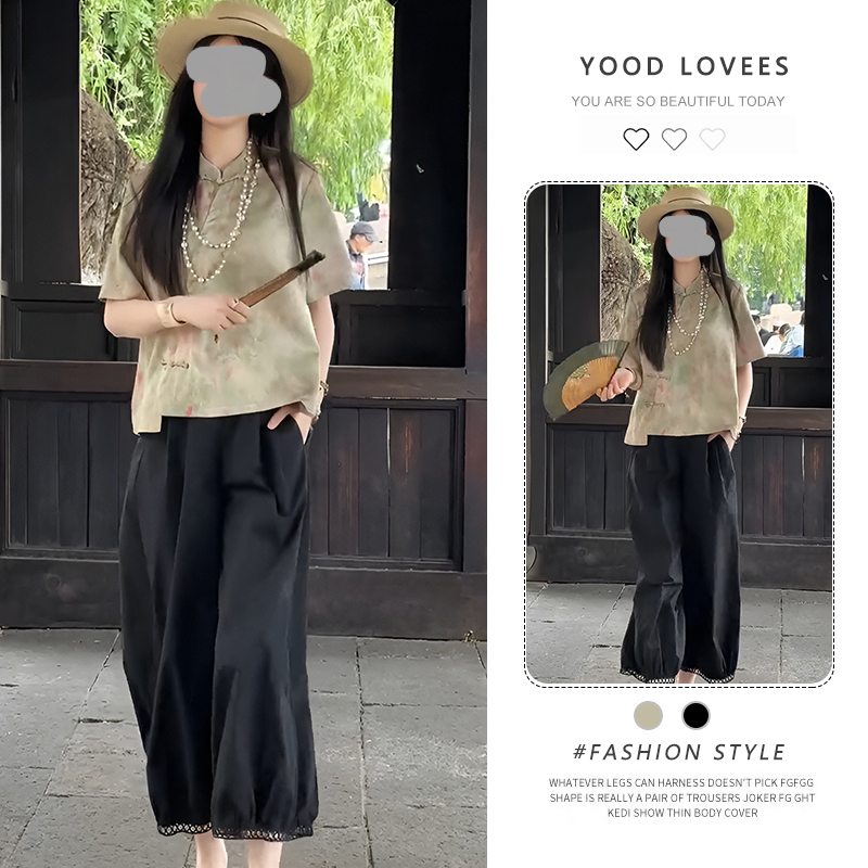 2025夏季新款时尚显瘦气质提花上衣松紧腰镂空设计感灯笼裤女套装