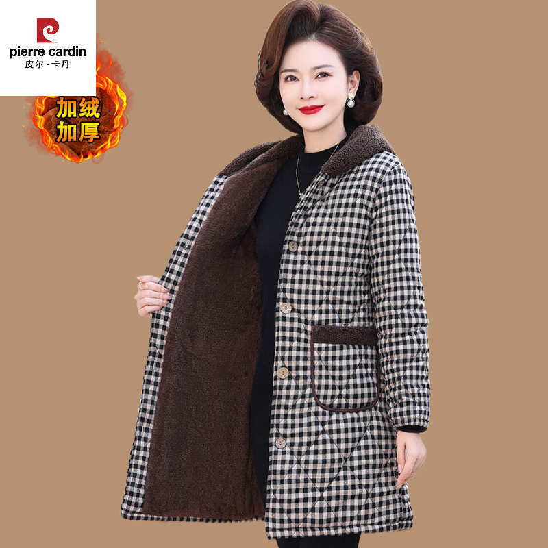 皮尔卡丹妈妈碎花棉服女连帽棉衣2023新款中老年人秋冬装外套加绒