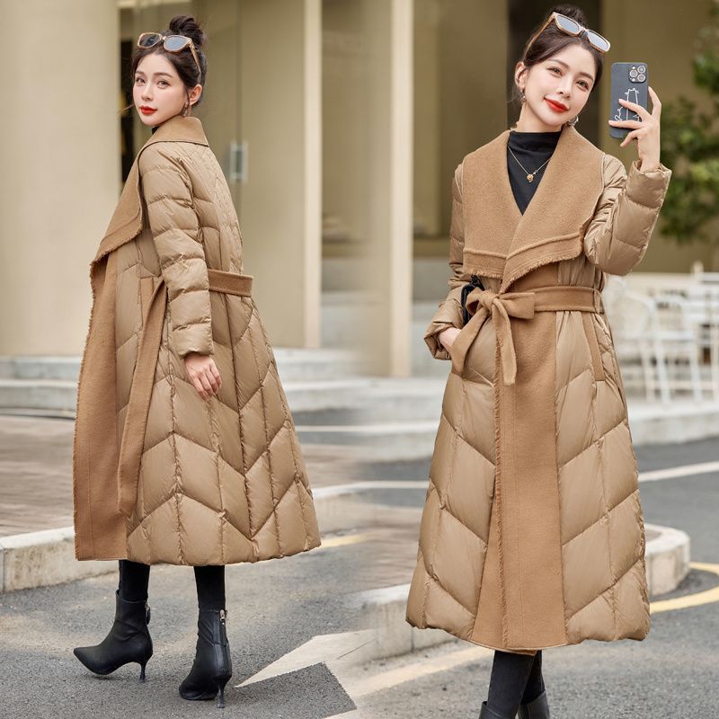 质量好新款冬装气质简约拼接流苏羊绒羽绒服白鸭绒