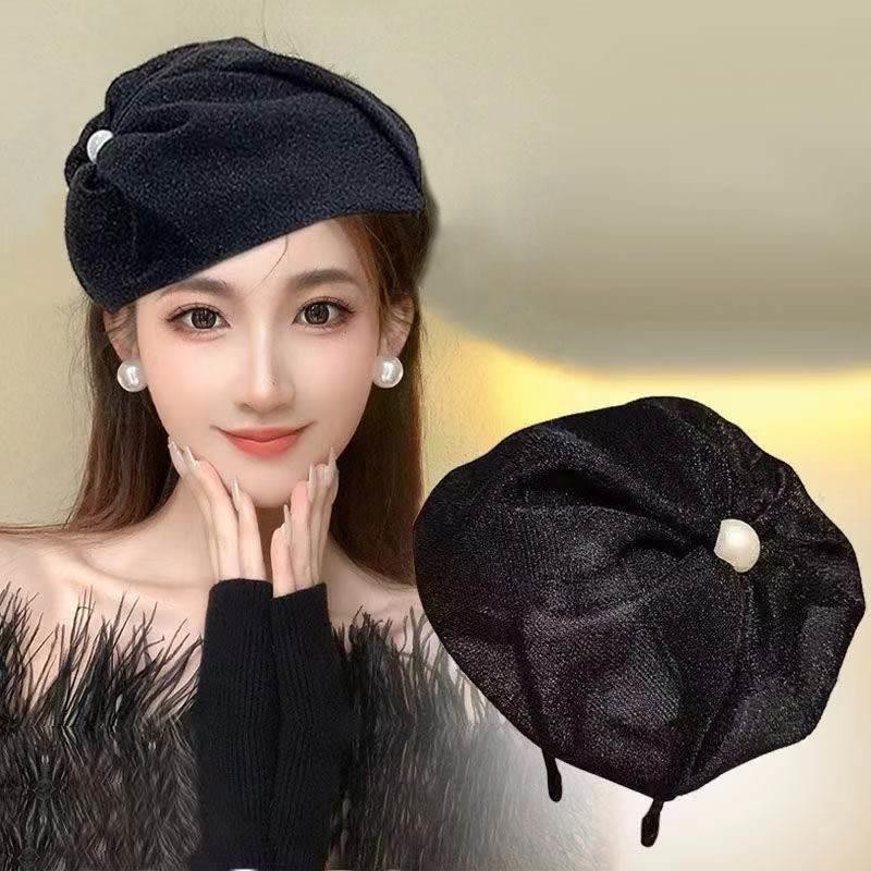 法式半帽发箍珍珠礼帽头箍高颜值网纱遮白发帽子发饰女士2025新款