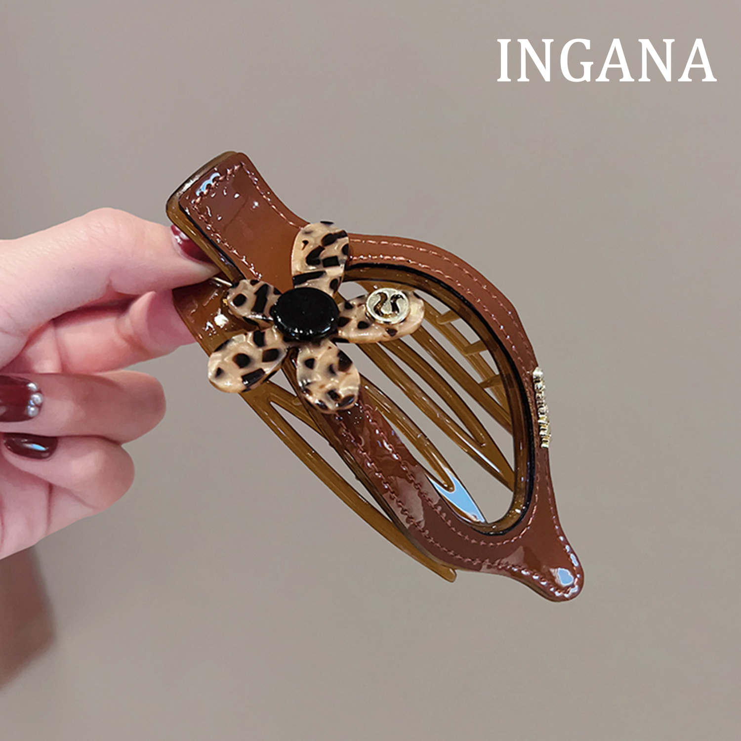 豹纹花朵鸭嘴夹扁平发夹后脑勺盘发抓夹琥珀流光防滑头饰女发饰