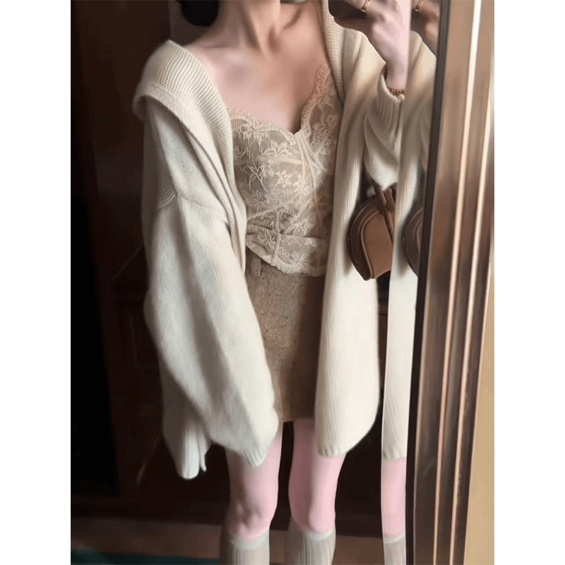 高级感长袖毛衣外套宽慵懒风显瘦针织开衫内搭蕾丝背心修身半身裙