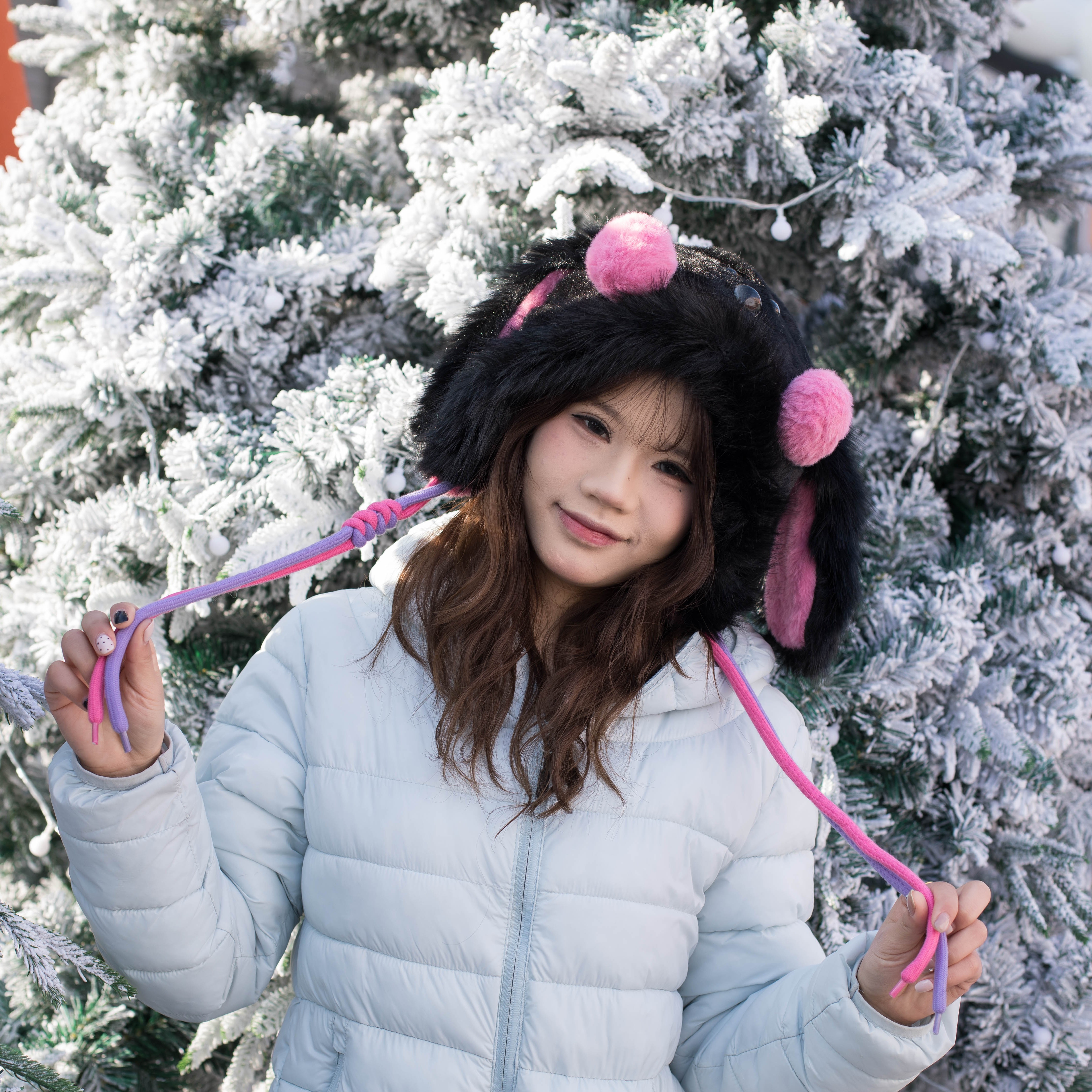 甜美可爱腮红大耳兔毛绒雷锋帽子女冬季百搭显脸小加厚保暖护耳帽