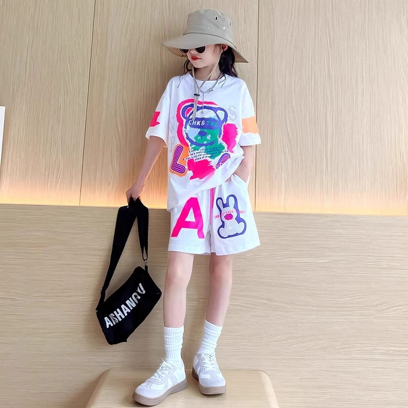 女童夏装卡通拼色运动套装2025新款大童女孩休闲T恤五分裤两件套