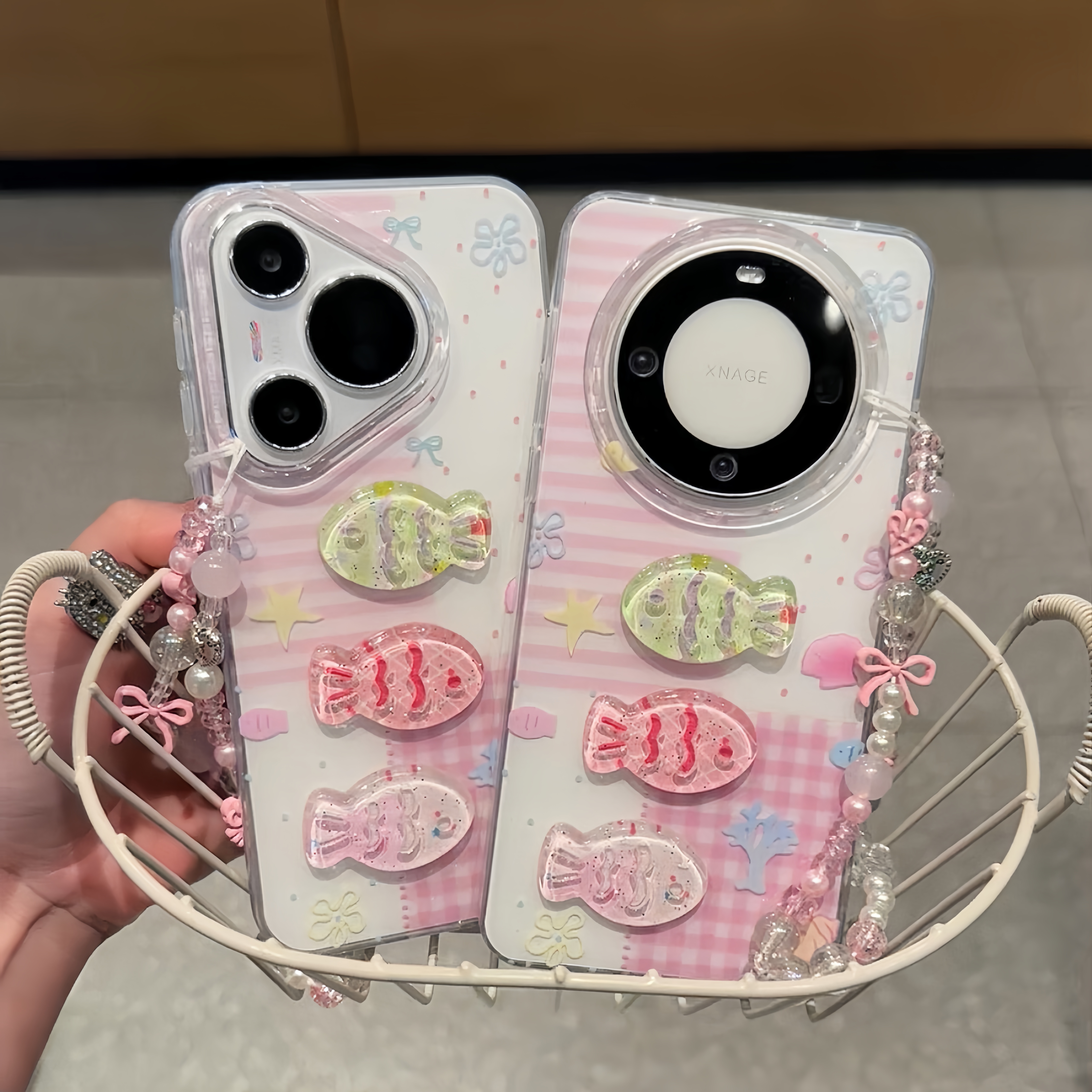 雅天立粉色拼接海洋小鱼适用苹果16/13手机壳华为vivo小米oppo女