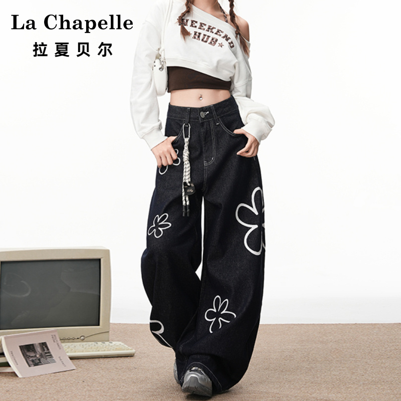 拉夏贝尔花朵印花阔腿牛仔裤女秋潮酷小众宽松显瘦百搭弯刀
