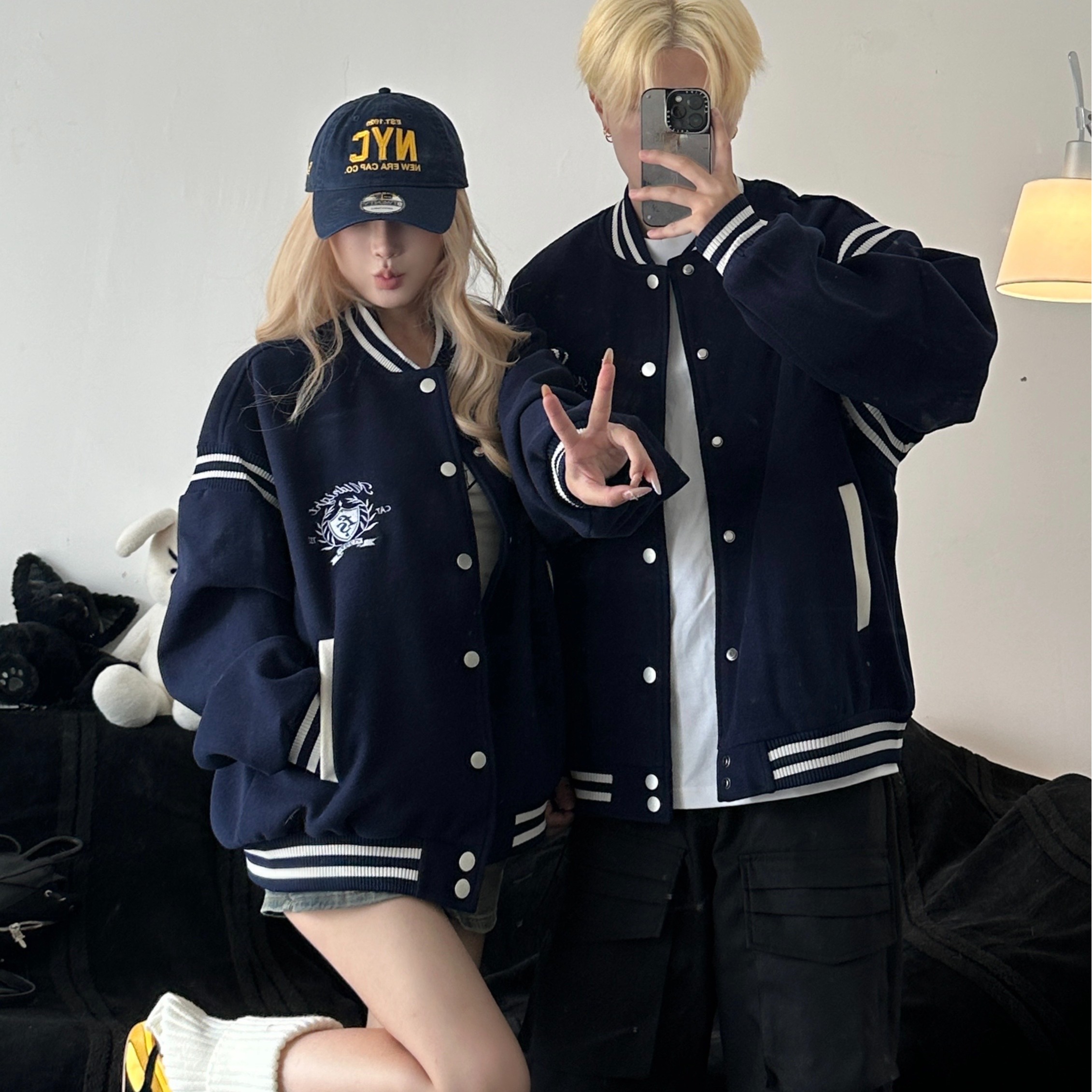 【两件装】情侣一男一女美式复古棒球服秋季2025新款宽松男女外套潮