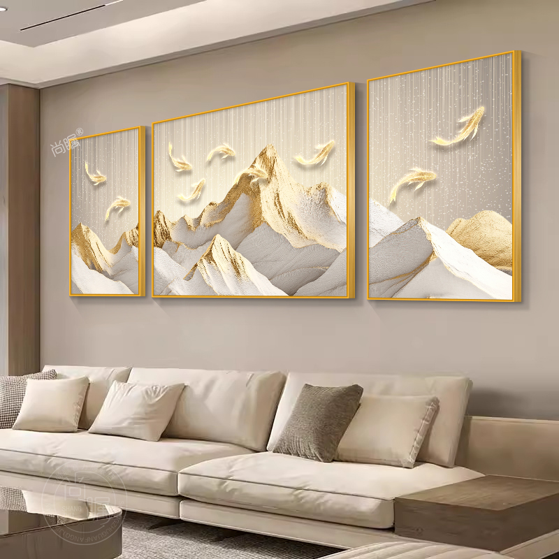 奶油风客厅装饰画九鱼图简约轻奢沙发背景墙壁画日照金山三联挂画