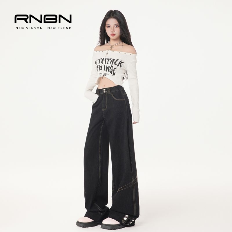 RNBN新款重工翻边设计阔腿裤复古高腰宽松显瘦时尚百搭牛仔裤