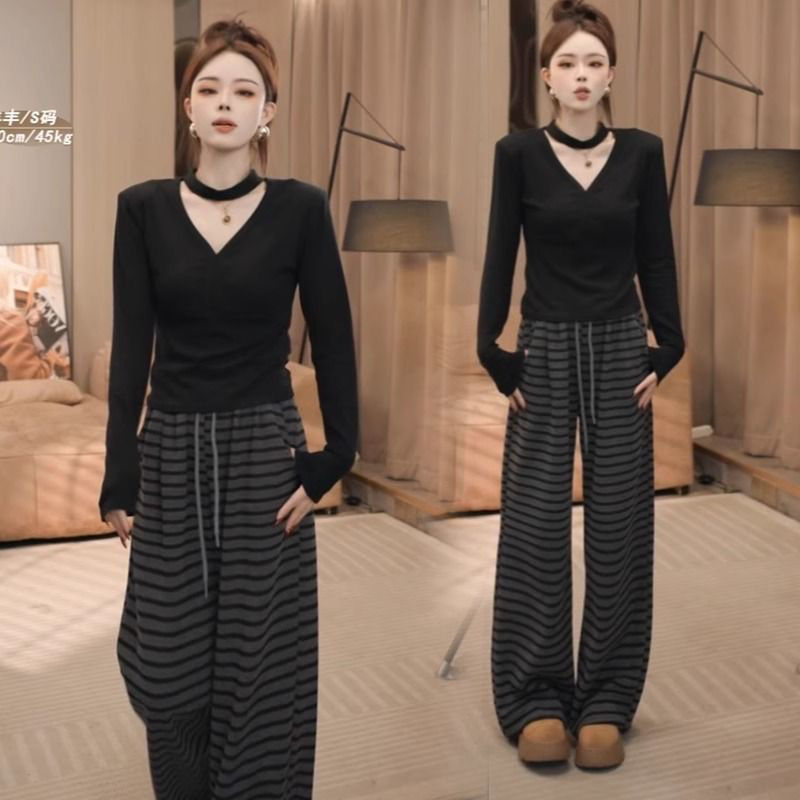 时尚休闲套装女2025春季新款洋气挂脖V领T恤条纹阔腿裤