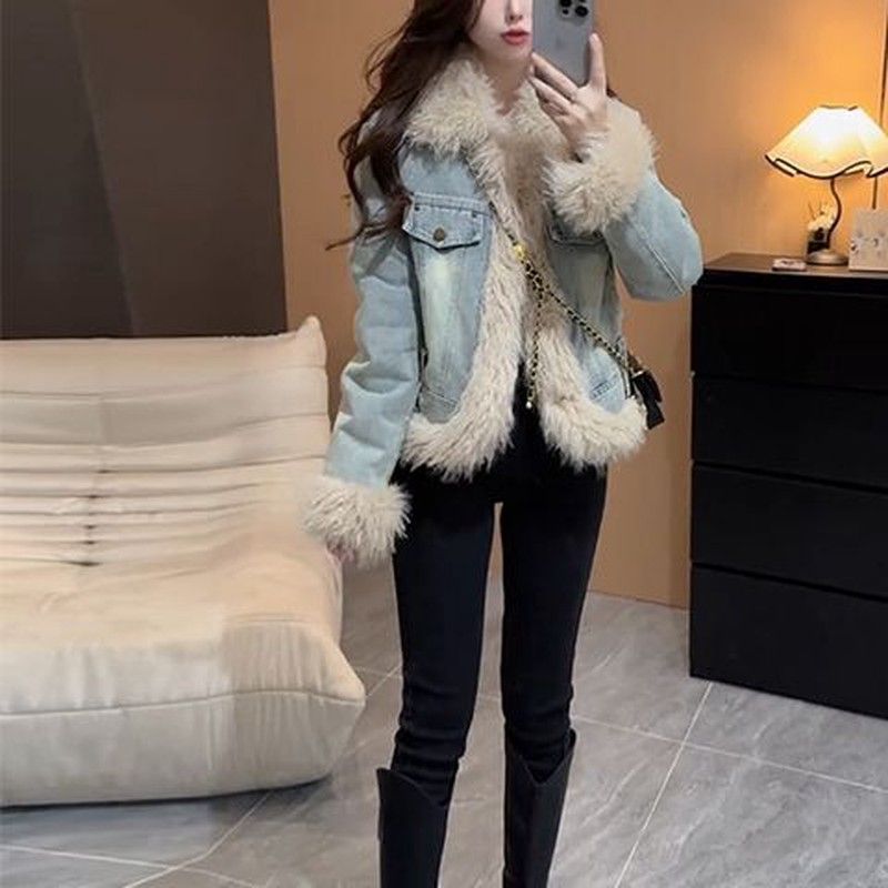 高级感复古加厚羊羔毛拼接牛仔外套女2025秋冬季加厚保暖夹克棉衣