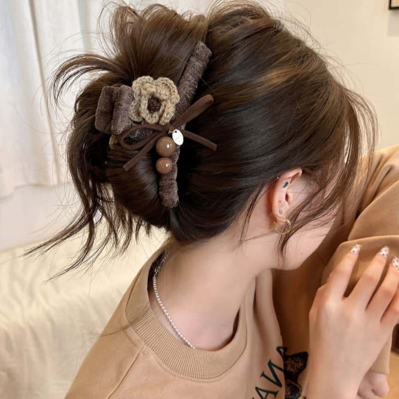 秋冬毛线针织花朵咖色系抓夹女大号发夹后脑勺高级感发量大鲨鱼夹