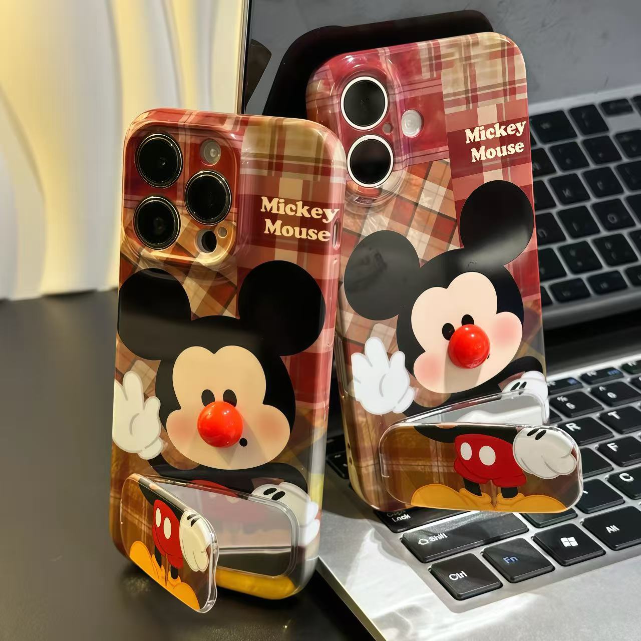 复古格纹米奇支架适用iPhone苹果16promax手机壳华为vivo小米oppo