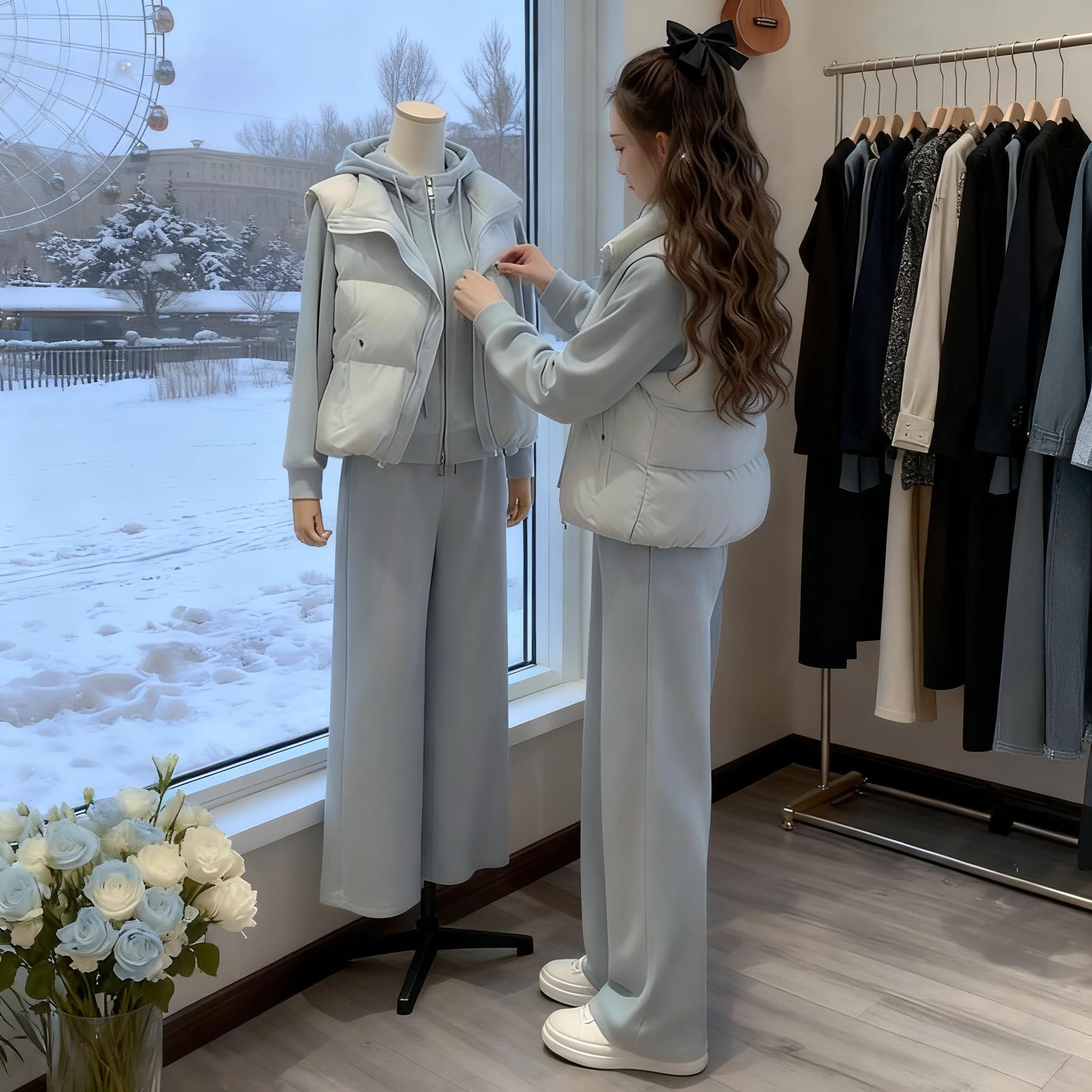 2025秋冬季新款女士独特漂亮三件套棉服马甲连帽卫衣阔腿裤子套装