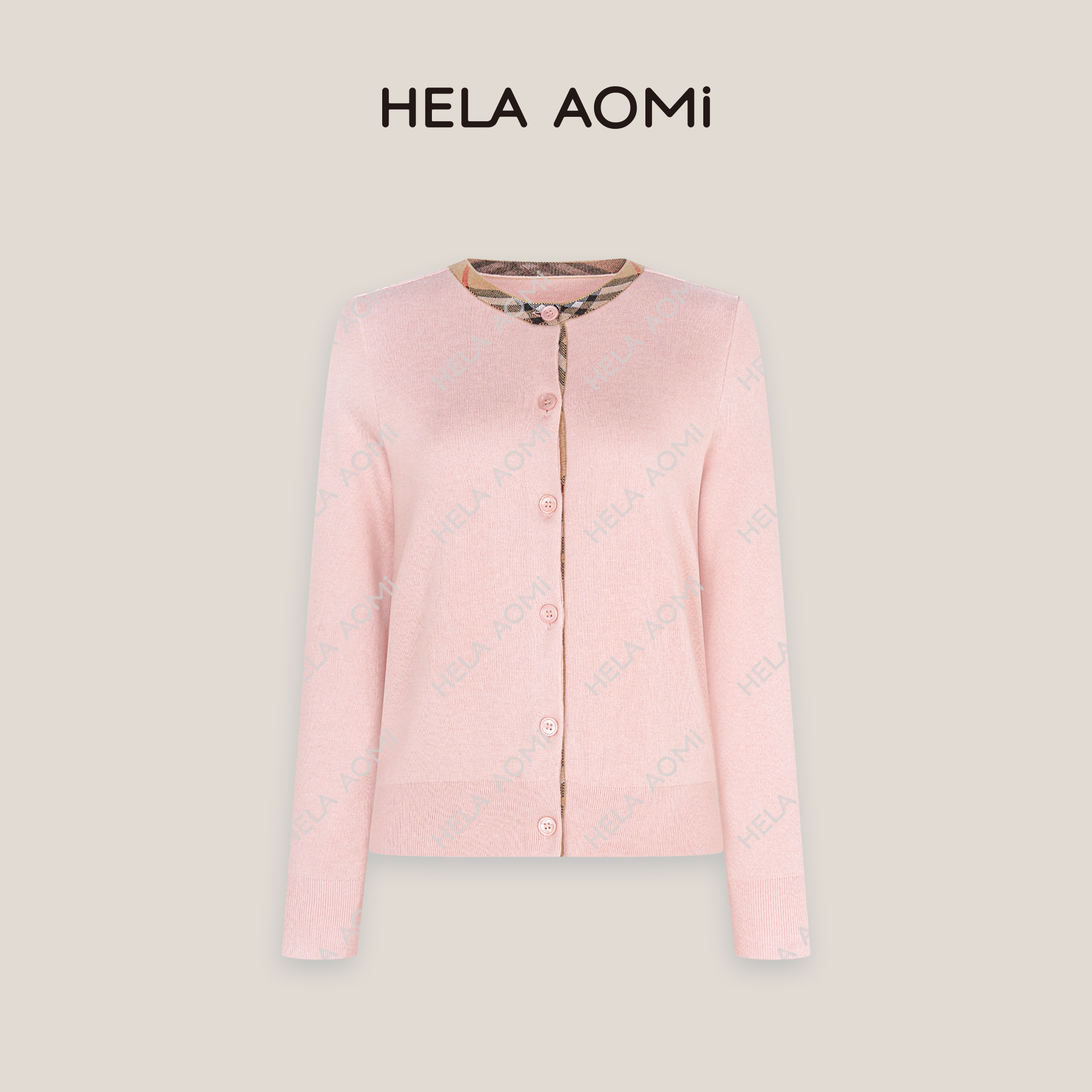 HELA AOMI“经典粉格”绵羊毛浅秋色系叠穿百搭美学设计针织开衫