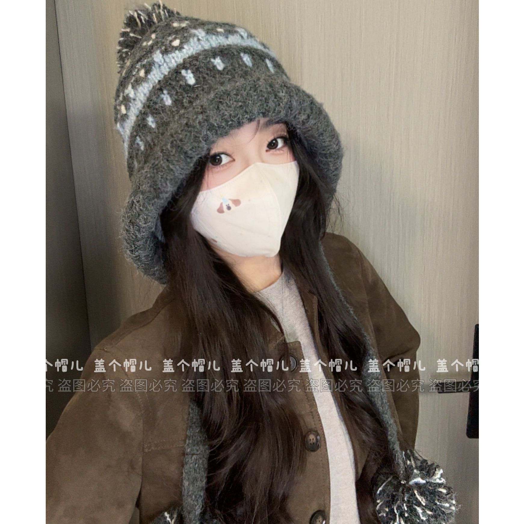 费尔岛风提花针织护耳帽子女款冬季大头围套头毛线帽保暖雷锋帽