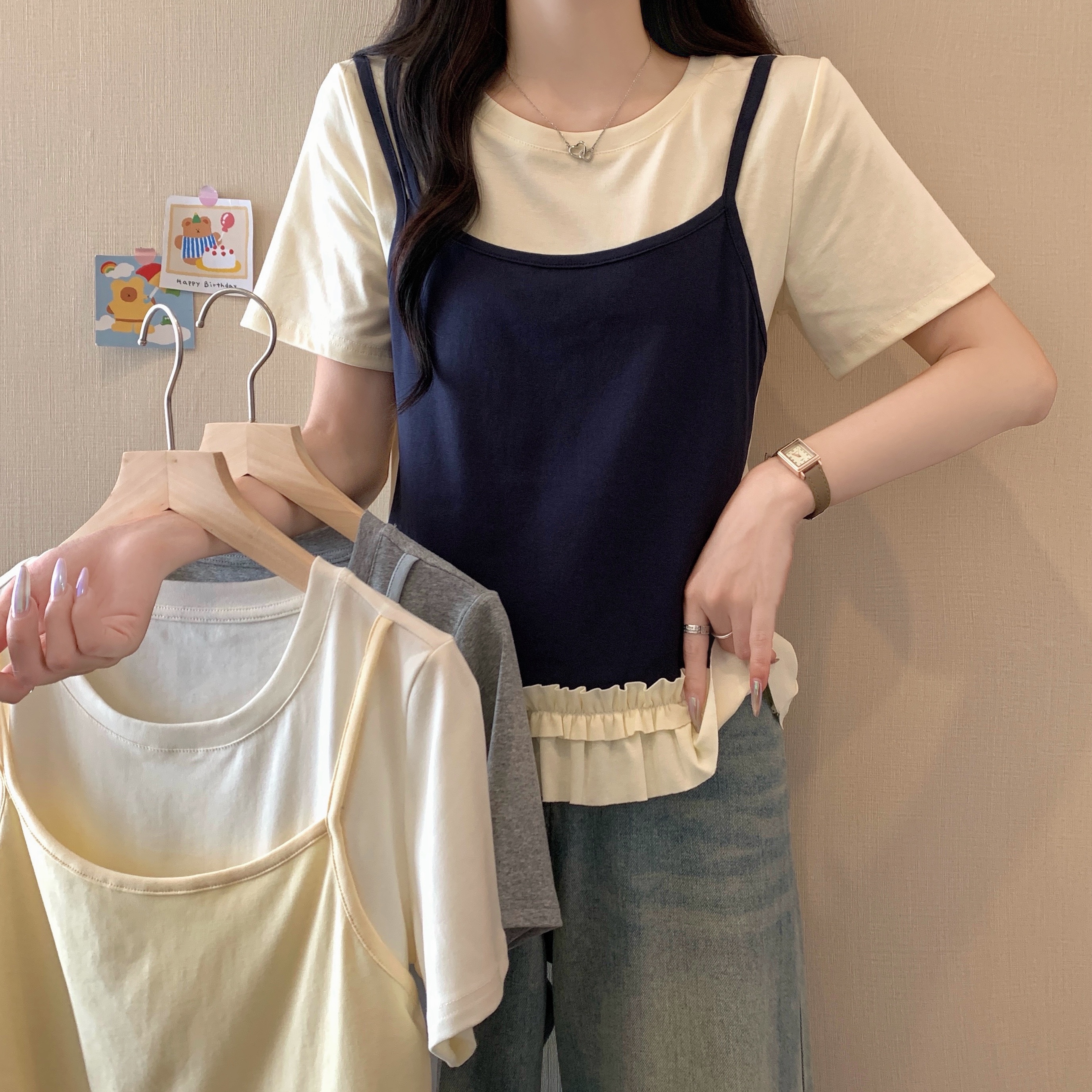 2025大码女装夏季短袖假两件吊带拼接T恤女3157