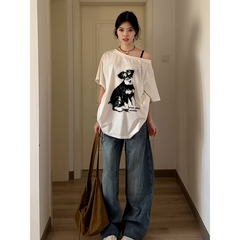 韩版时尚辣妹小狗印花一字领斜肩短袖t恤女别致小众修身显瘦上衣