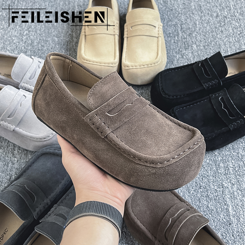 FEILEISHEN 方头全包懒人拖勃肯鞋男士一脚蹬英伦风反绒皮穆勒鞋