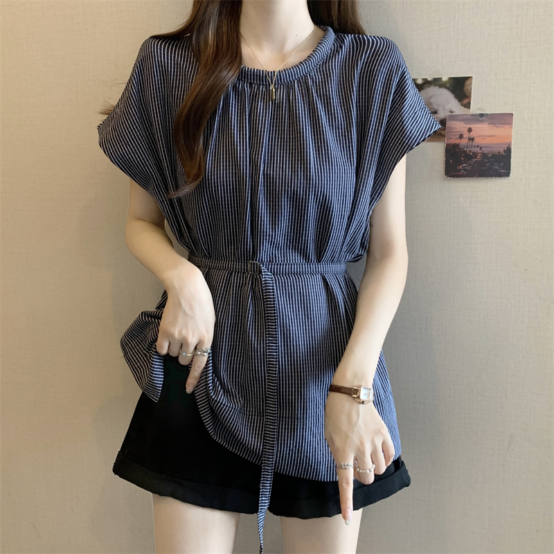 韩系竖条纹正肩短袖衬衫女2025夏季新款大码微胖mm小飞袖收腰上衣