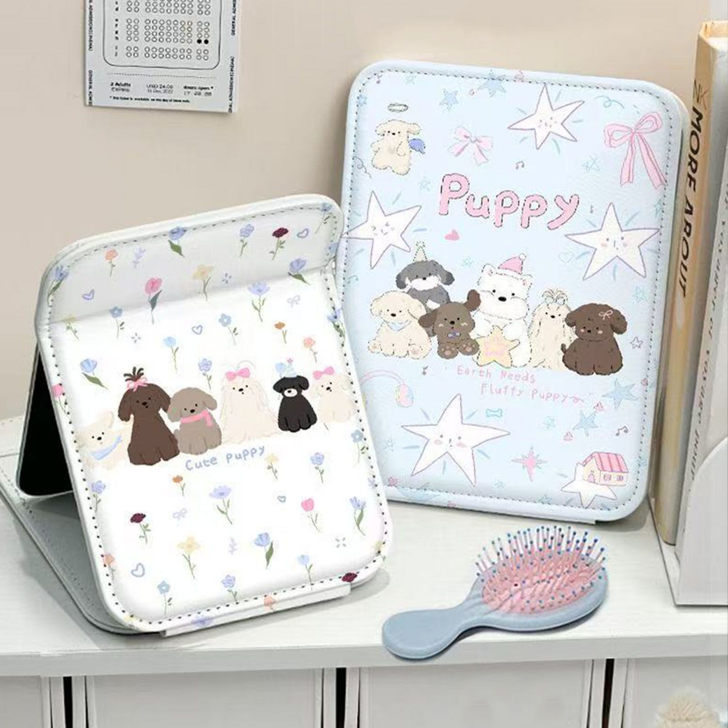 新款镜子可爱小狗加厚防摔旅行外出便携化妆镜高清家用梳妆镜Q