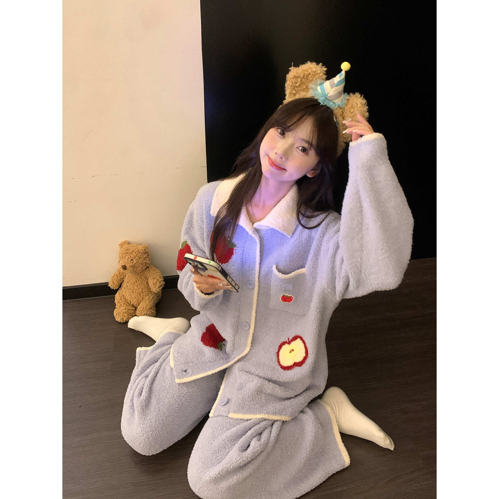 ins软糯慵懒半边绒睡衣女秋冬季大码加厚开衫针织外套家居服套装