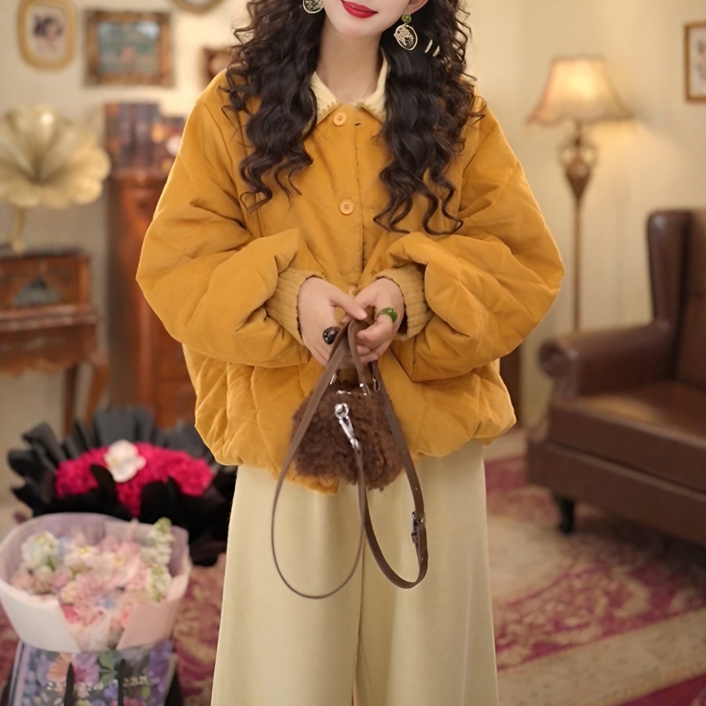 韩系设计圆领加棉面包服外套2025秋冬新款宽松加厚百搭上衣