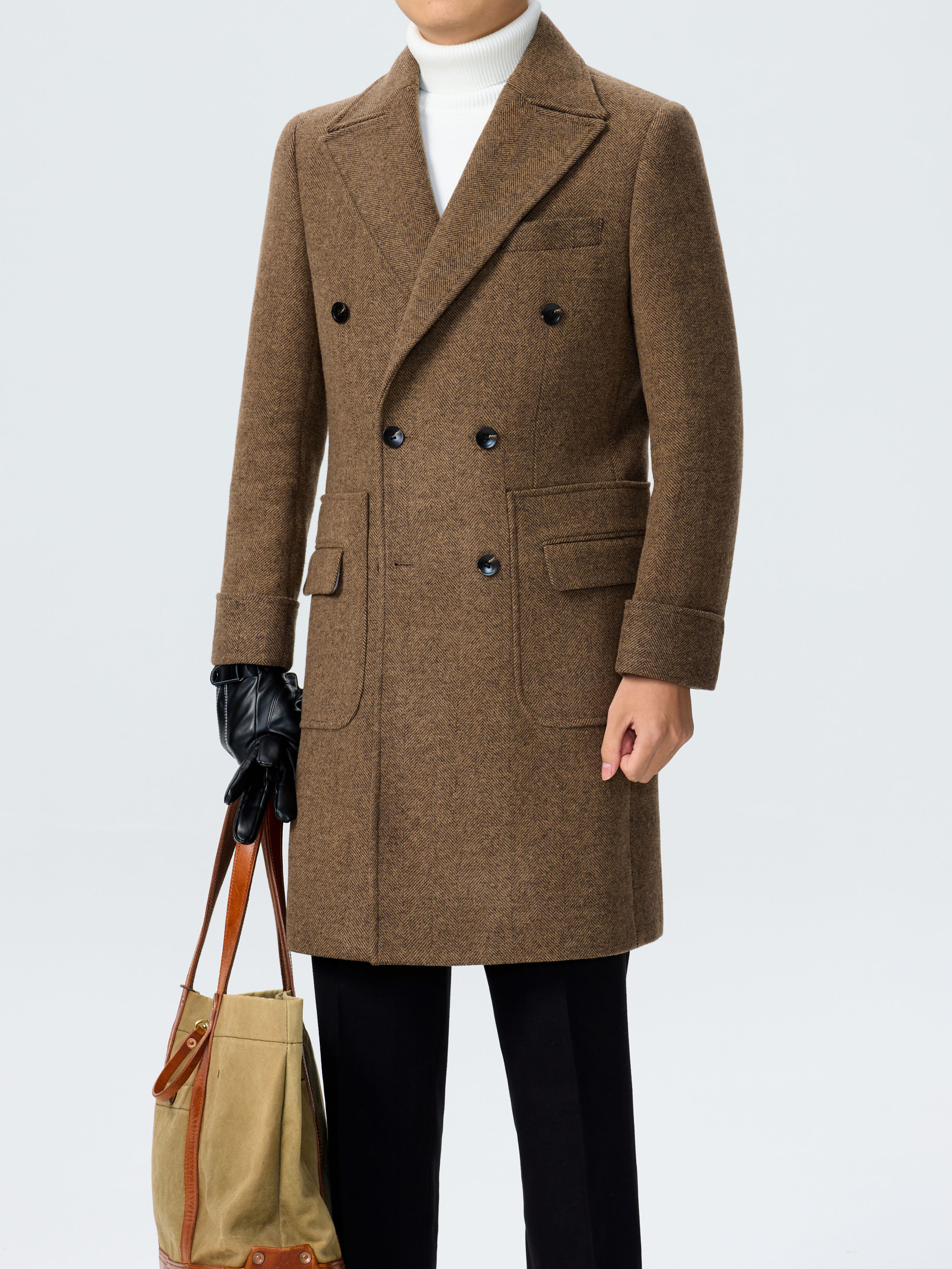 【马球大衣】经典双排扣重磅粗花呢人字纹中长款秋冬加厚老钱风穿搭