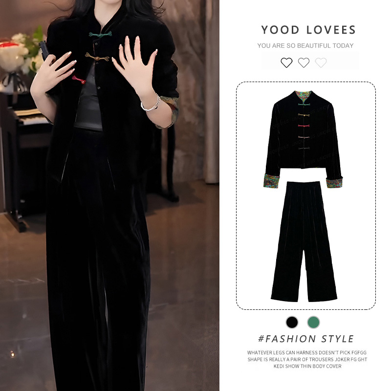 新中式国风设计感盘扣黑色双面穿上衣显瘦直筒裤2026春秋气质套装