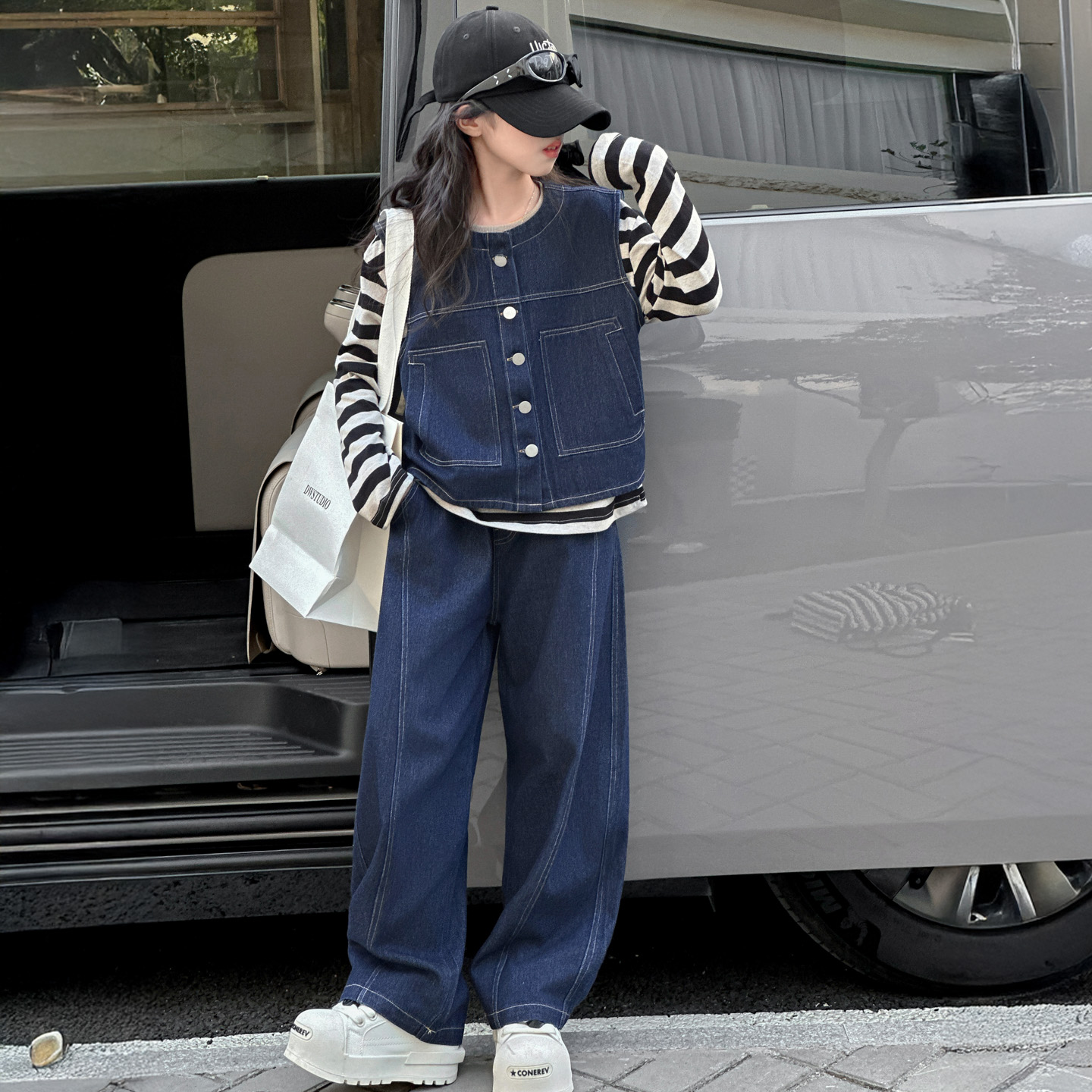 女童秋装套装2025新款牛仔裤马甲打底衫12岁初中生15时尚休闲韩版