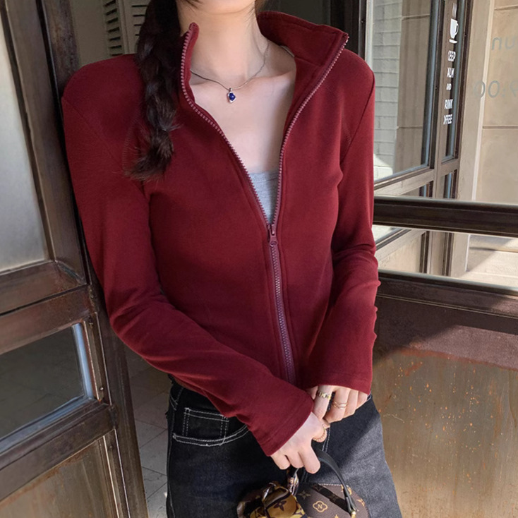 德绒双面拉链立领设计感修身显瘦长袖外套女2024秋冬新款百搭上衣