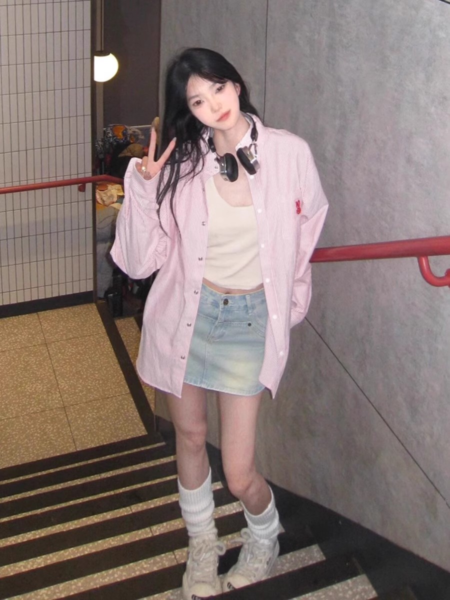 韩式个性粉色条纹长袖衬衫外套女夏季小众小兔子刺绣衬衣开衫洋气