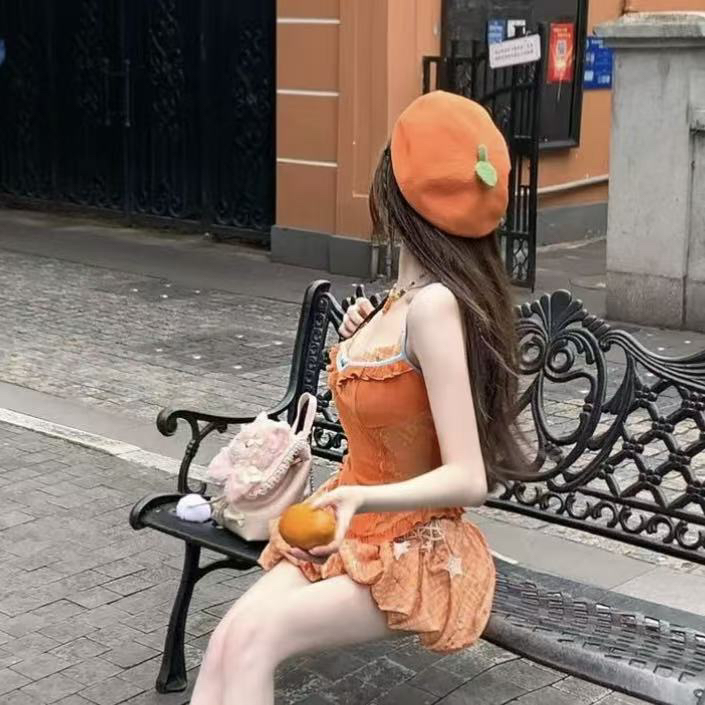 一个大橘子~日系可爱软妹贝雷帽子女夏季透气百搭清新水果画家帽