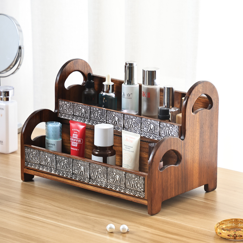 复古实木洗手台置物架木质化妆品收纳架浴室卫生间洗潄台台面架子