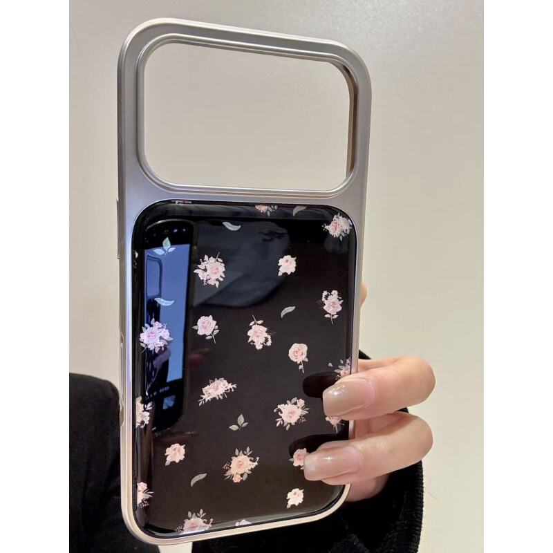 趣味黑底粉蔷薇锡纸纹线条满屏星星适用于iphone17pr苹果16手机壳