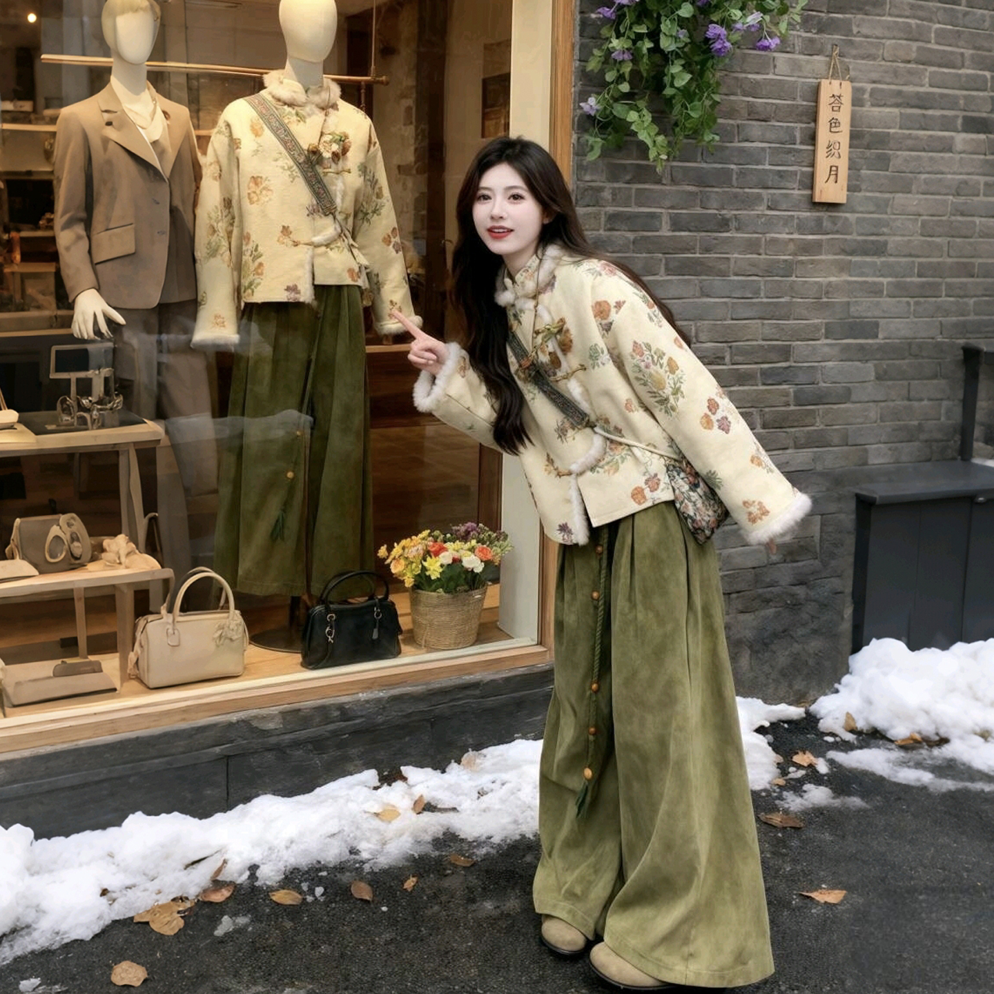巨好看的冬装一整套新中式复古国风提花加绒外套上衣阔腿裤套装女