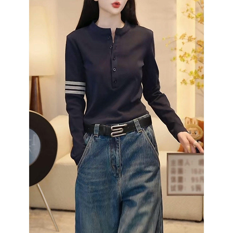 美式亨利领打底衫女长袖内搭T恤2025春秋季新款休闲显瘦百搭上衣