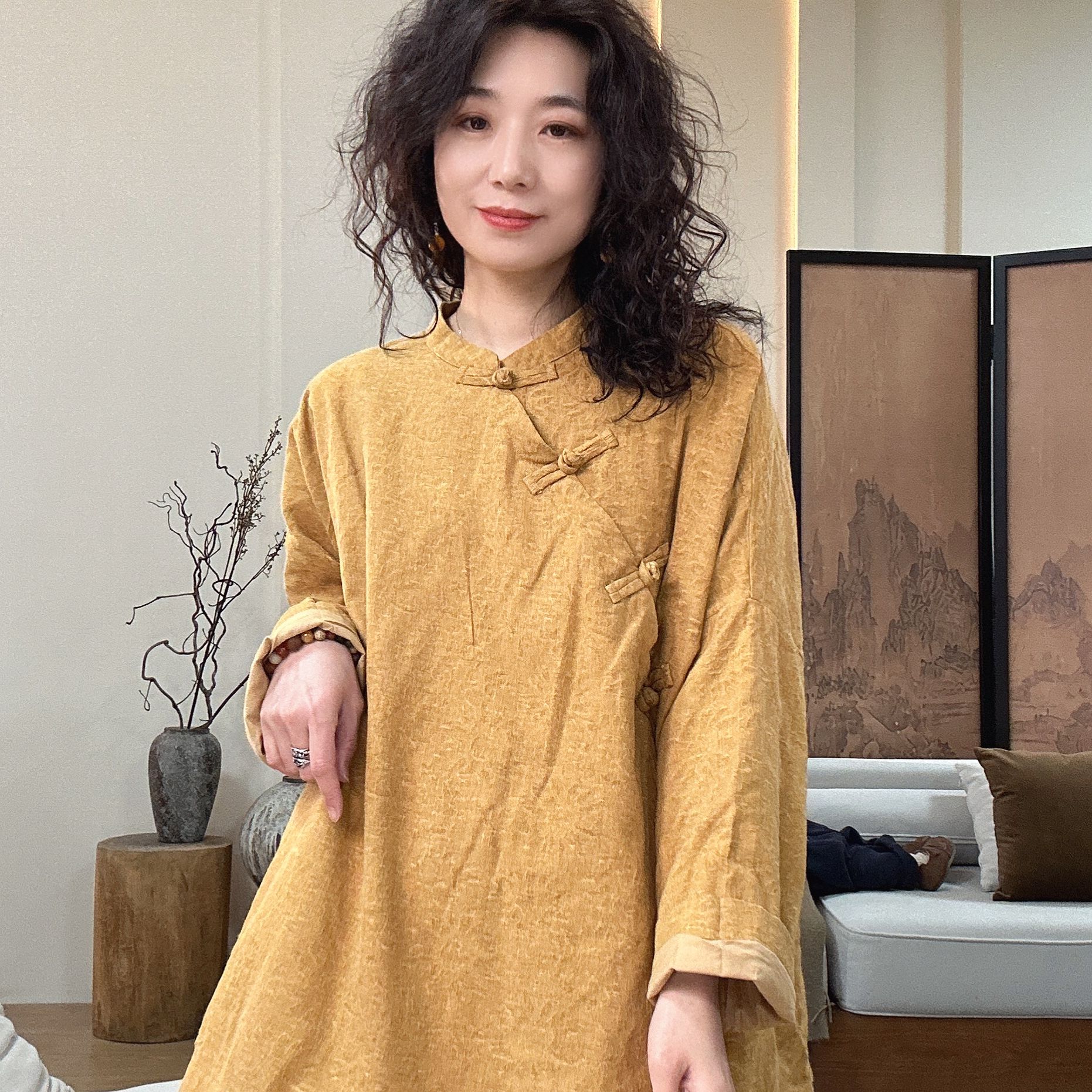 早春新款立领不褪色落肩袖提花宽松型衬衣斜襟禅服风百搭文艺上衣