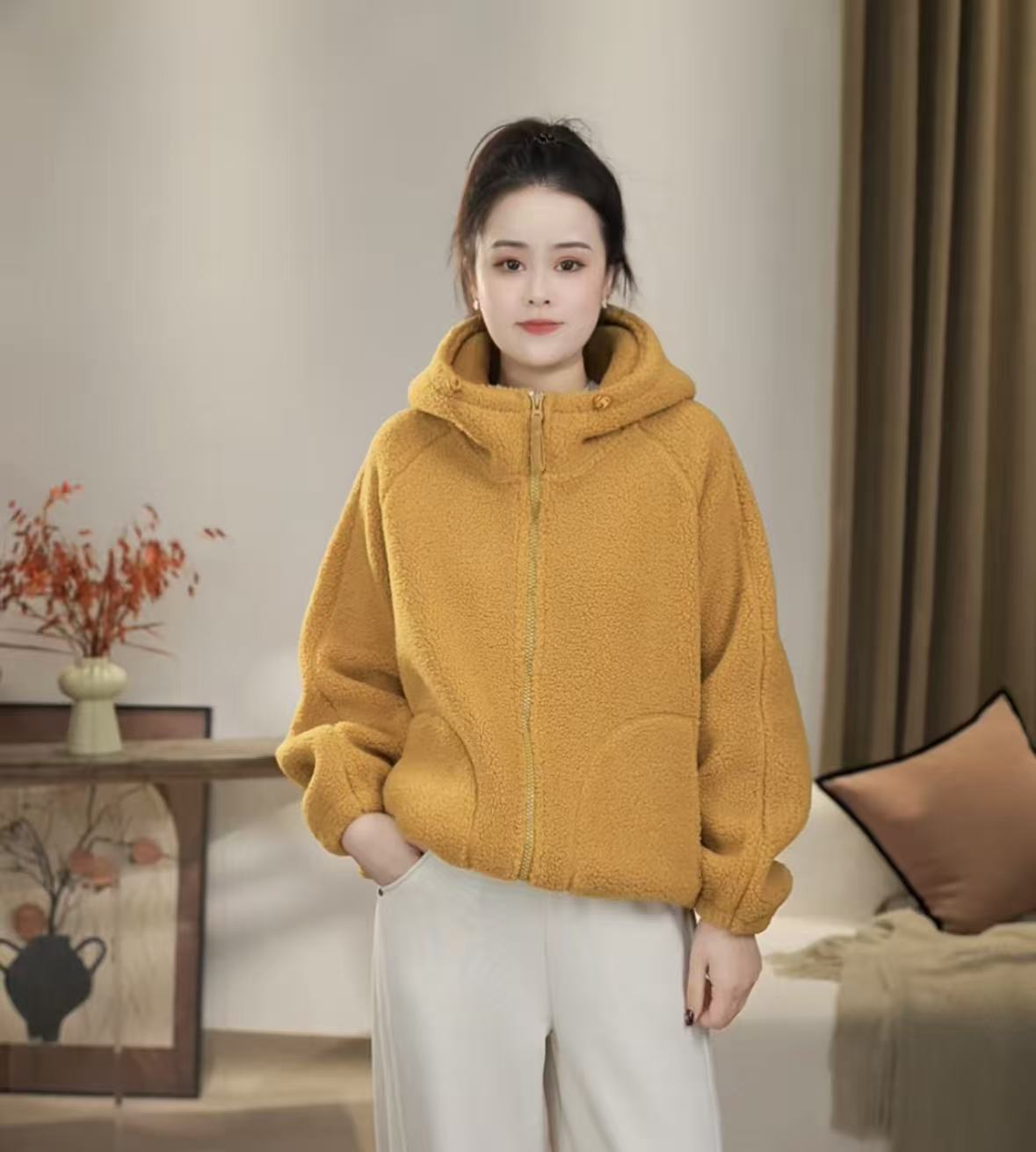 【沐沐】冬季新款时尚休闲加绒加厚颗粒绒保暖简约连帽厚外套