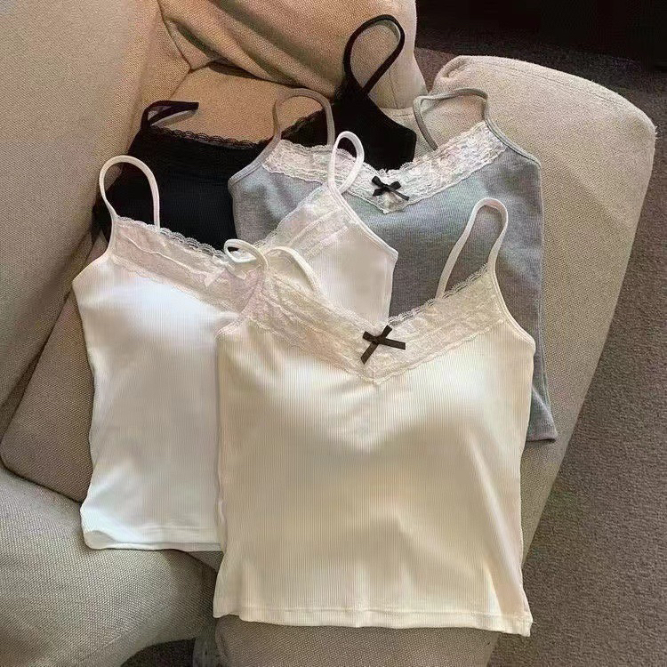 纯欲蕾丝花边少女吊带背心打底内搭自带胸垫可外穿少女短款上衣