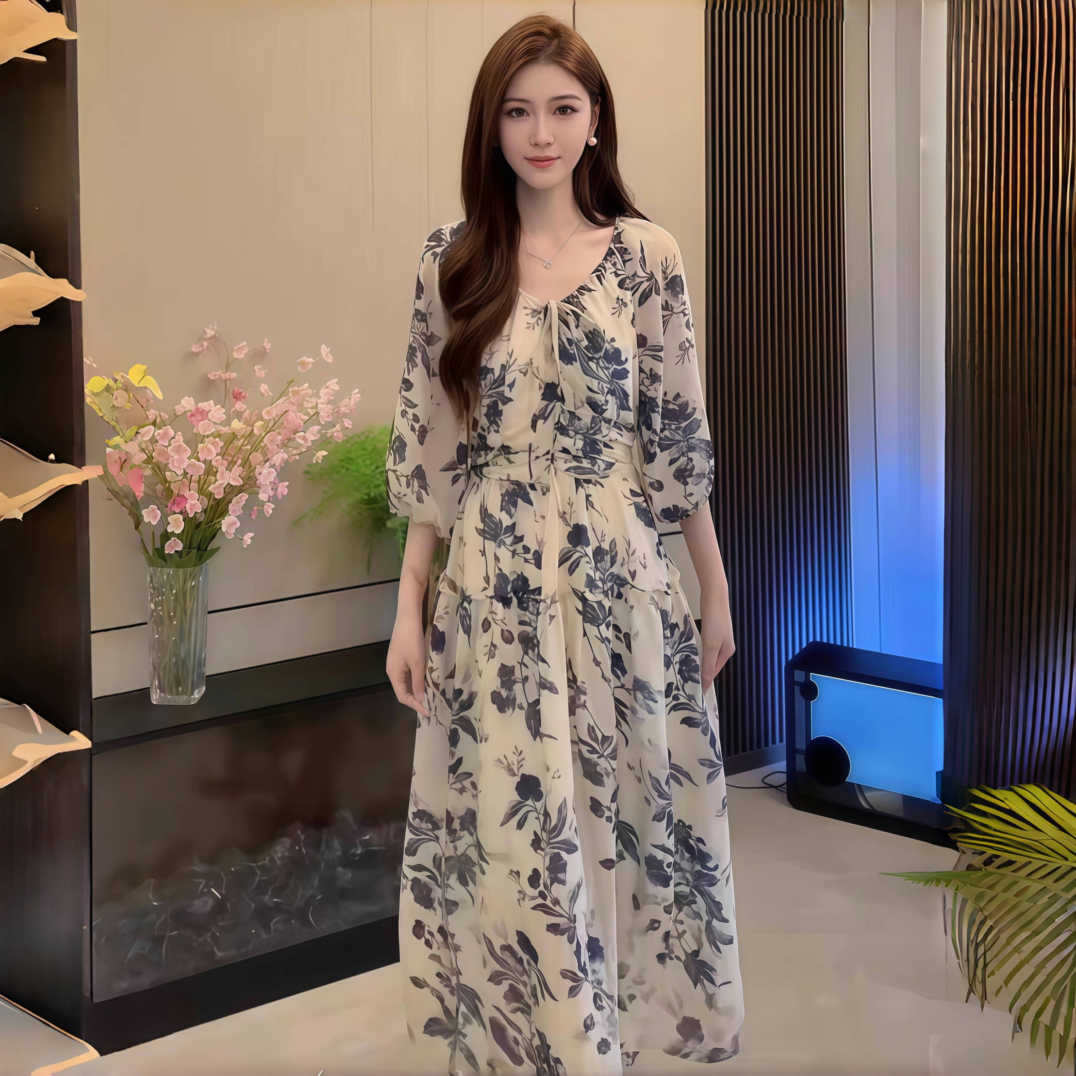 法式复古泡泡袖碎花V领连衣裙女夏季新款国风水墨画绝美收腰长裙