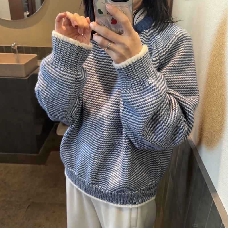 韩系软糯氛围感条纹针织衫女2025年秋季新款气质圆领套头毛衣ins