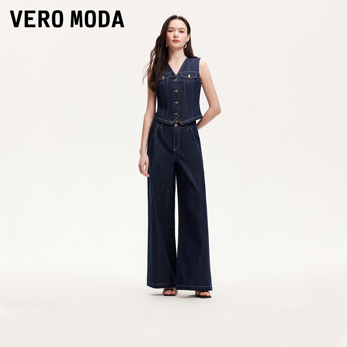 Vero Moda牛仔裤2025新含棉马甲明线阔腿裤真两件旅游出街百搭