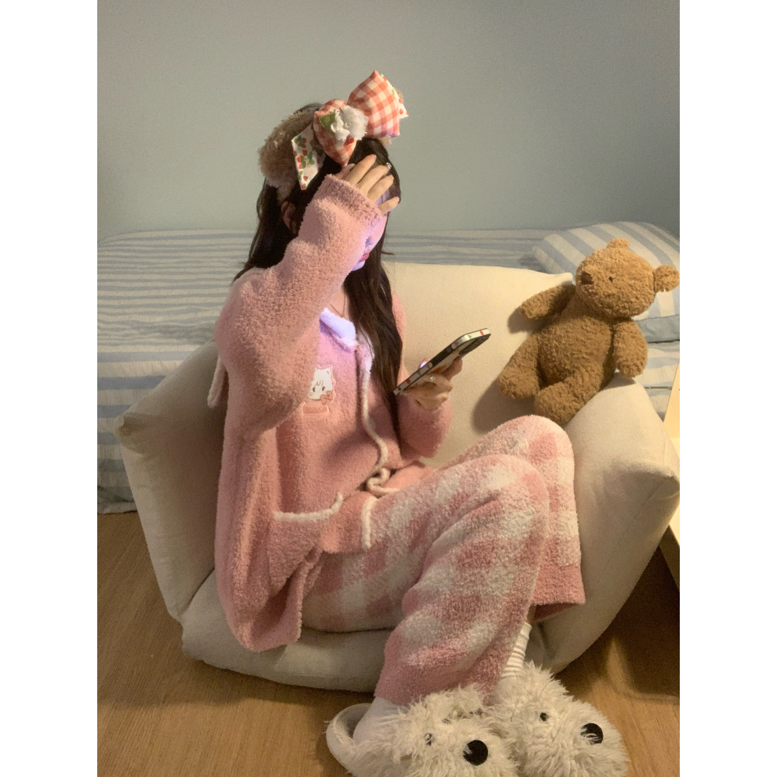 【DMXJ大梦想家】可爱针织半边绒睡衣女秋冬季款加绒保暖家居服套装