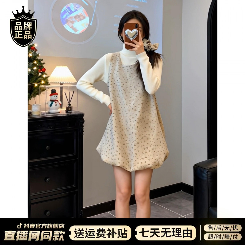 韩系碎花U领无袖花苞连衣裙套装女秋冬新款背心裙毛衣叠穿一整套