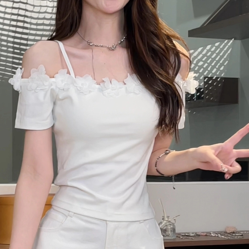 2025夏季新款甜美风一字肩立体花朵装饰设计感短袖上衣DM6657