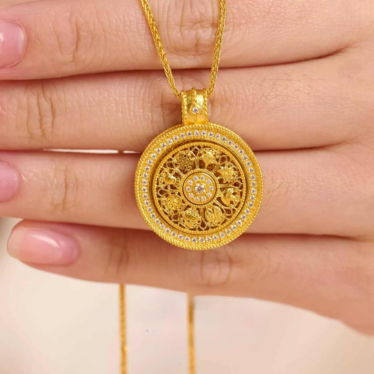 铜合金吊坠 古法镶嵌锆石转动八宝罗盘项链吊坠镂空罗盘毛衣链女
