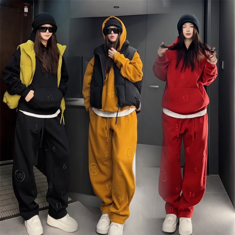 冬季新款加绒保暖休闲套装男潮流百搭刺绣数字连帽卫衣卫裤两件套