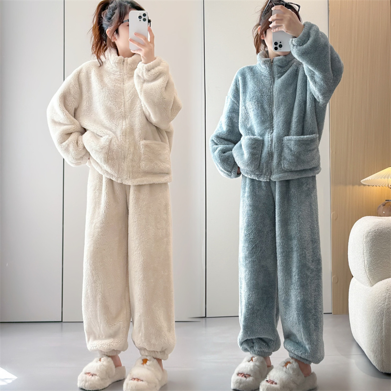 秋冬宅家舒适家居服套装女立领宽松软糯毛绒绒保暖睡衣两件套女士