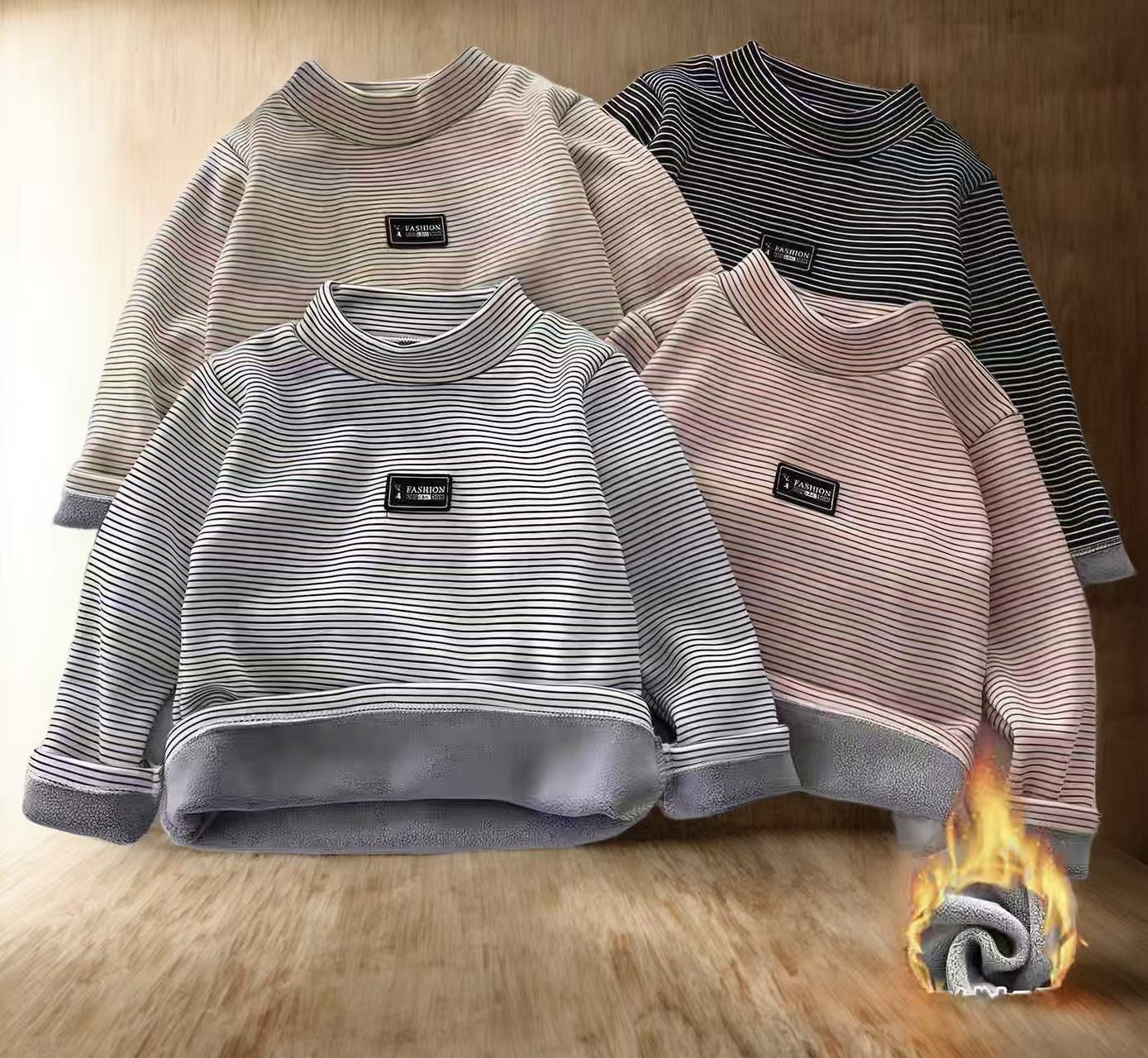 艾雯秋冬打底加绒上衣条纹经典儿童打底衫长袖T恤男童女童保暖衣